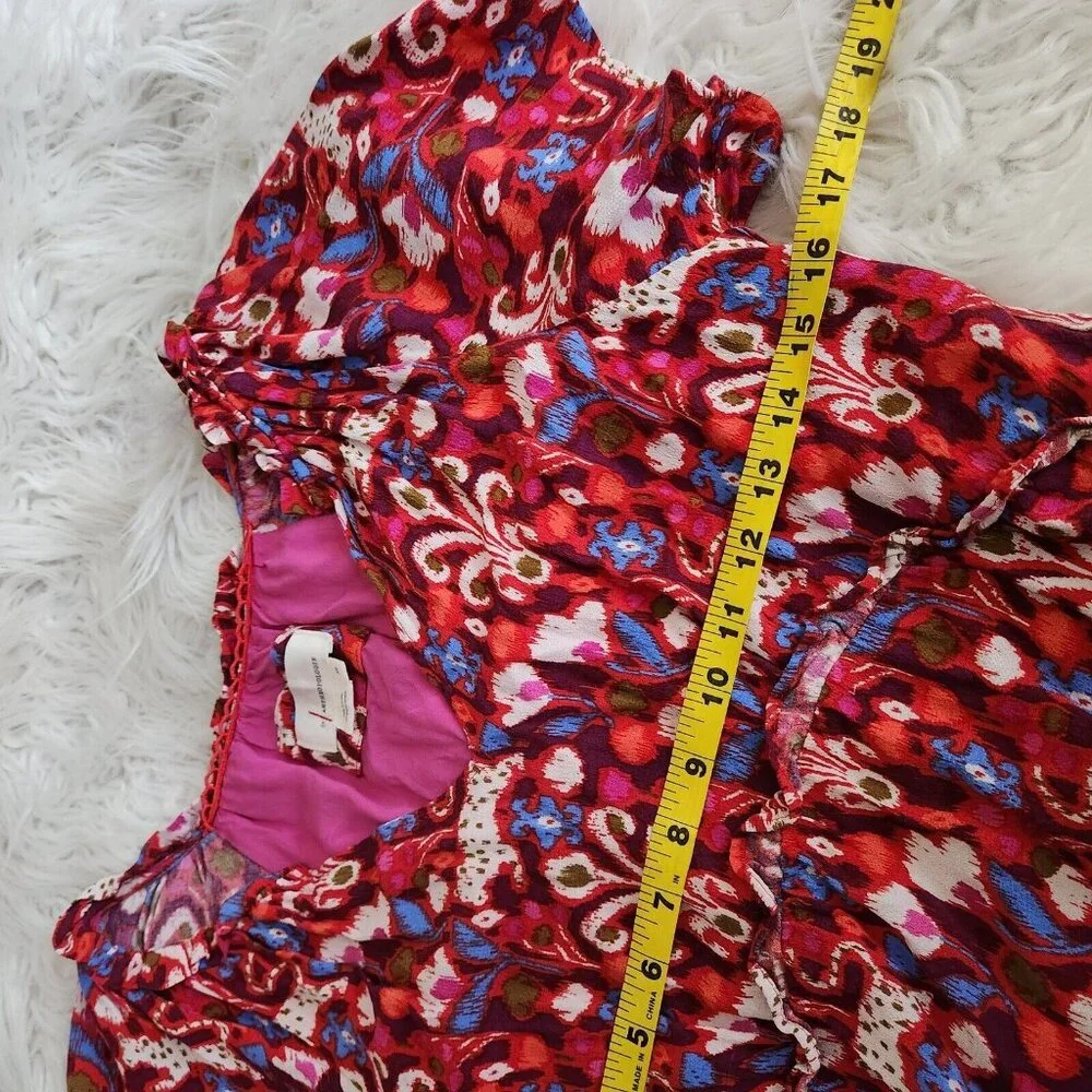 Anthropologie Robin Floral Ruffle Tiered Mini Dress Size XS‎ Oversized Pink Red